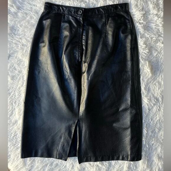 Vintage 80s Brass Plum Nordstrom Black Leather Pencil Skirt | Knee Length | M - Picture 6 of 11